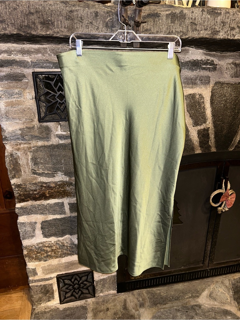 H&M Satin Midi Skirt in Olive Green